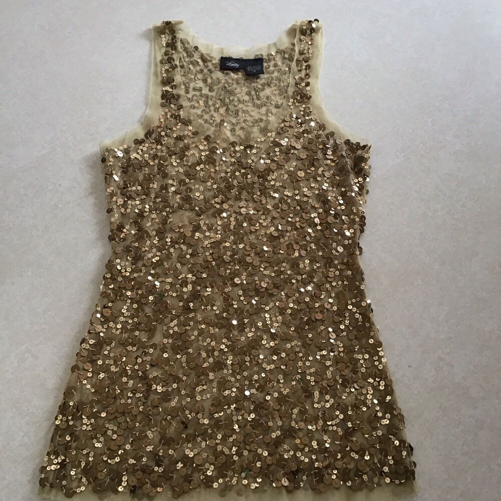 Vanity Womens Mesh Sequin Gold Fairy Grunge Festival Cami Size S Preppy Y2K - Picture 2 of 7